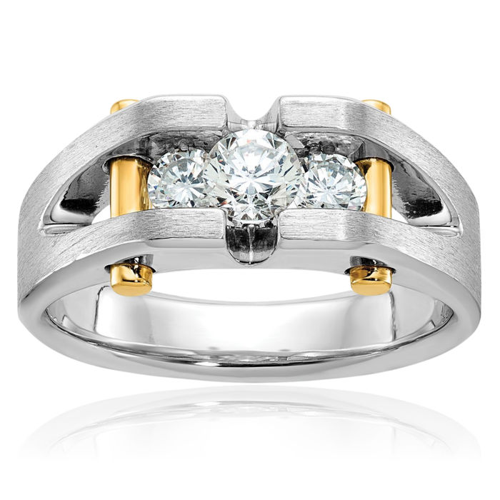 10K Solid Two Tone Gold Mens 3 Stone Diamond Statement Ring