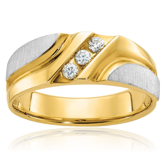 10K Solid Two Tone Gold Mens 3 Stone Diamond Wedding Band Ring