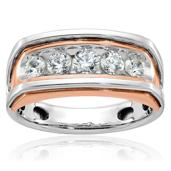 10K Solid Two Tone Rose White Gold Mens 5 Stone Diamond Wedding Band Statement Ring