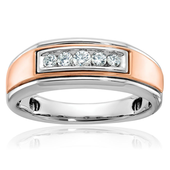 10K Solid Two Tone Rose White Gold Mens 5 Stone Diamond Wedding Band Ring