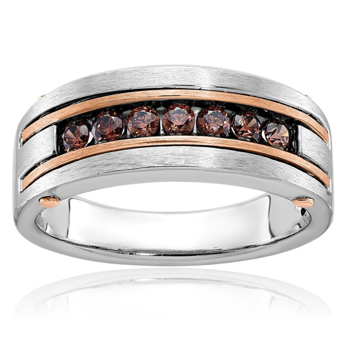 10K Solid Two Tone Rose White Gold Mens 7 Stone Brown Diamond Wedding Band Statement Ring