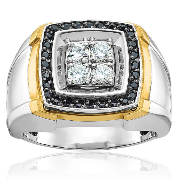 10K Solid Two Tone Gold Mens Black White Diamond Square Statement Ring