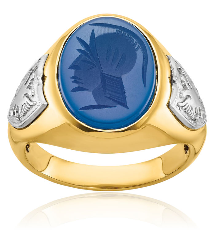 10K Solid Two Tone Gold Mens Blue Agate Ring Gemstone Band