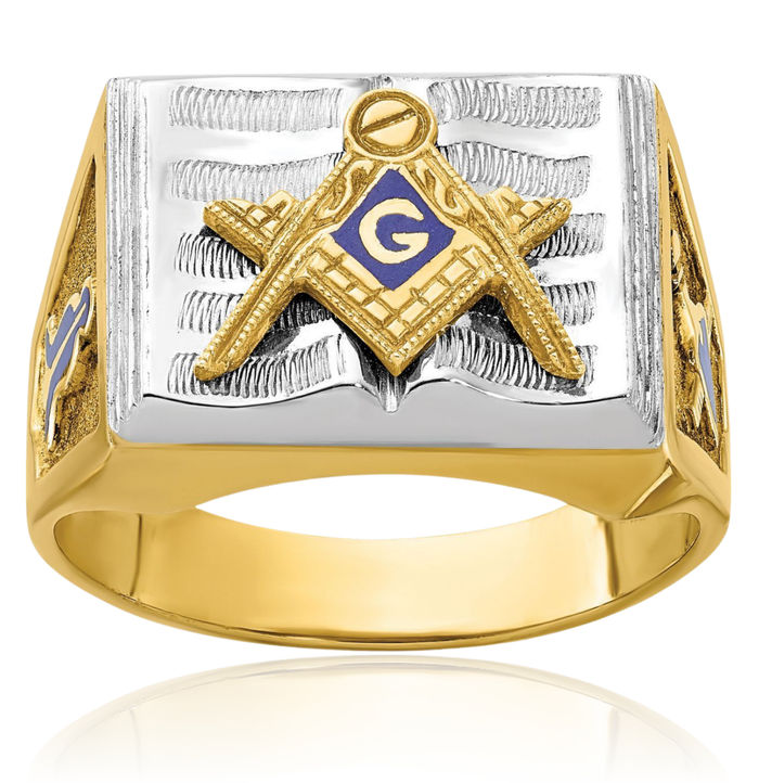 10K Solid Two Tone Gold Mens Blue Lodge Master Mason Signet Freemason Masonic Ring