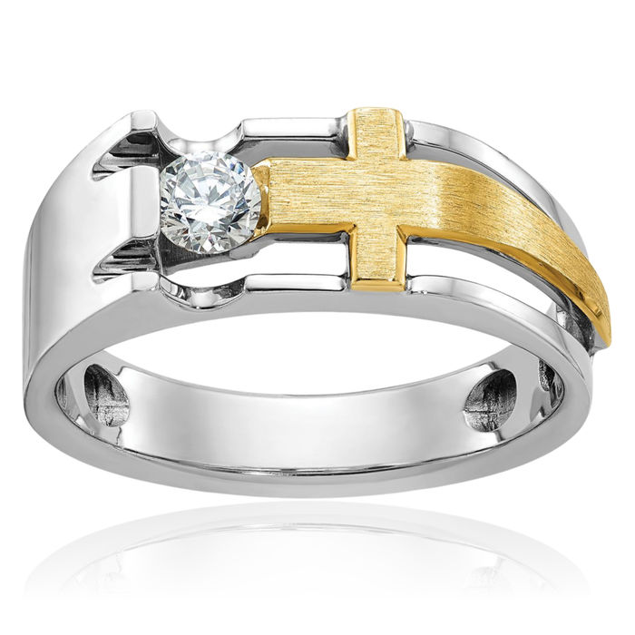 10K Solid Two Tone Gold Mens Diamond Holy Cross Ring Christian Religious Band