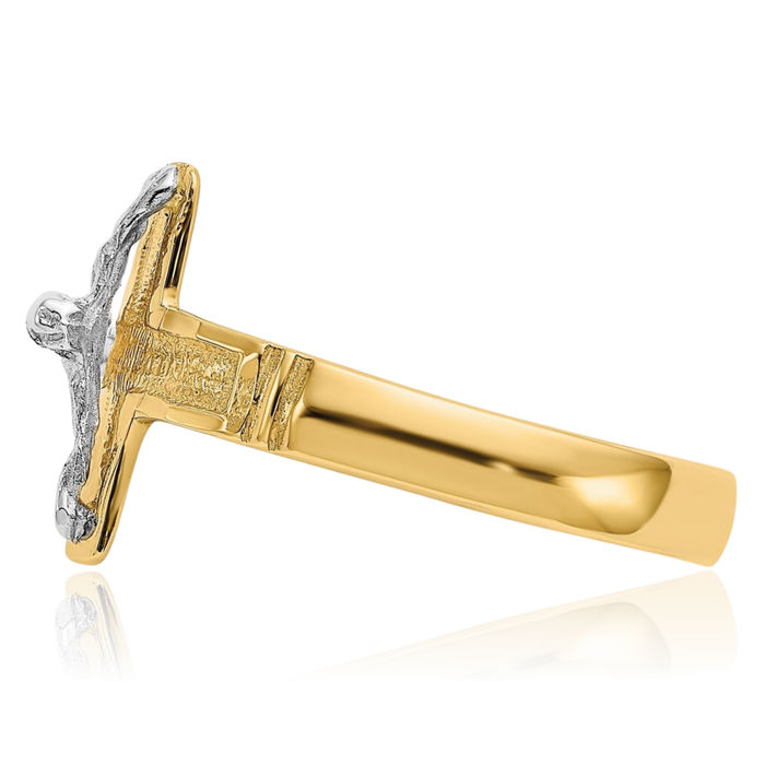 10K Solid Two Tone Gold Mens Lord Jesus Christ Crucifix Holy Cross Ring Christian Religious Band