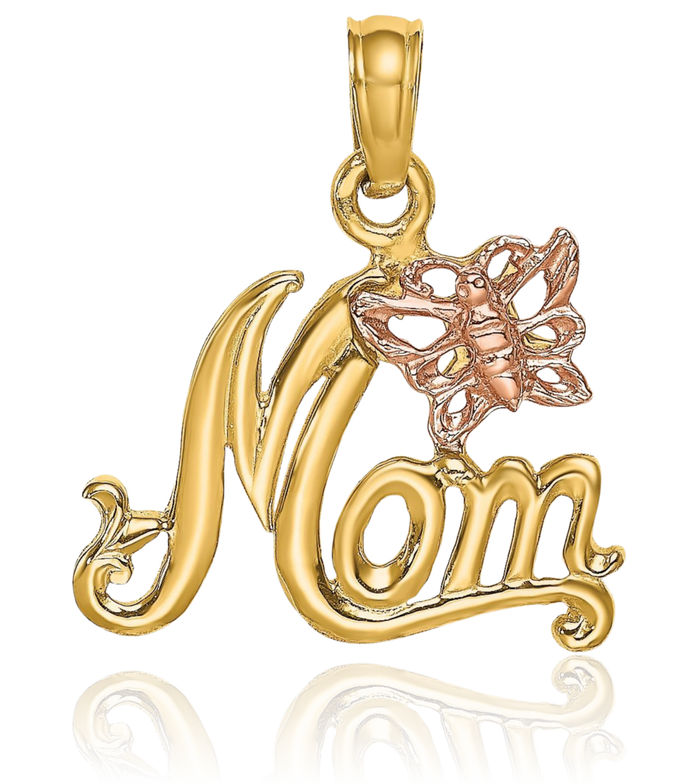 10K Solid Two Tone Gold Mom Butterfly Wings Necklace Mama Charm Mother Pendant