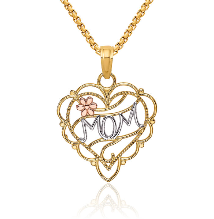 10K Solid Two Tone Gold Mom Heart Flower Necklace Mama Charm Mother Pendant