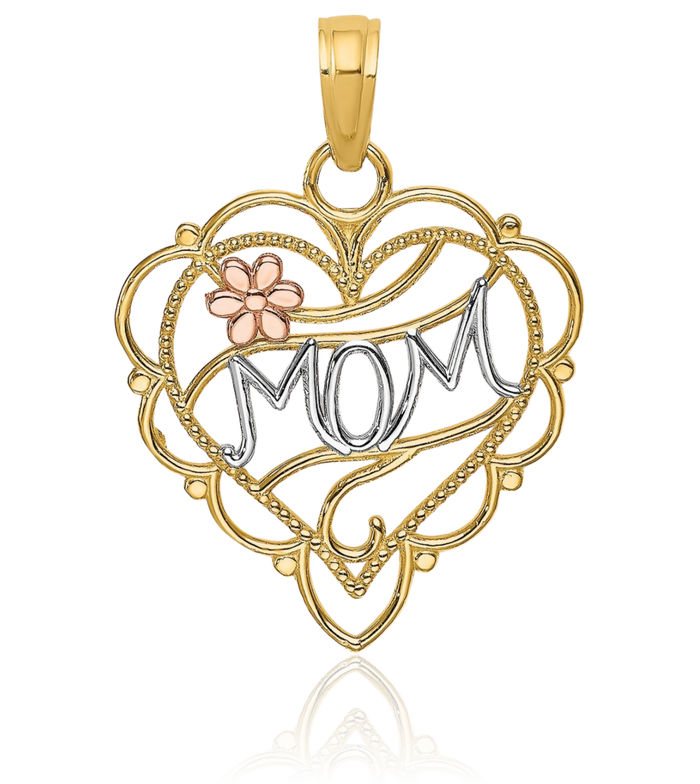 10K Solid Two Tone Gold Mom Heart Flower Necklace Mama Charm Mother Pendant