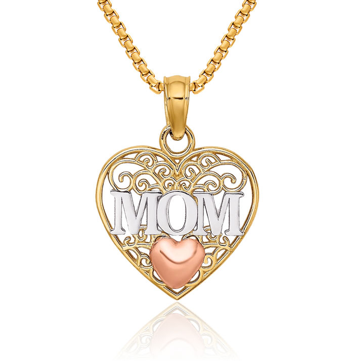 10K Solid Two Tone Gold White Mom Heart Necklace Mama Charm Mother Pendant