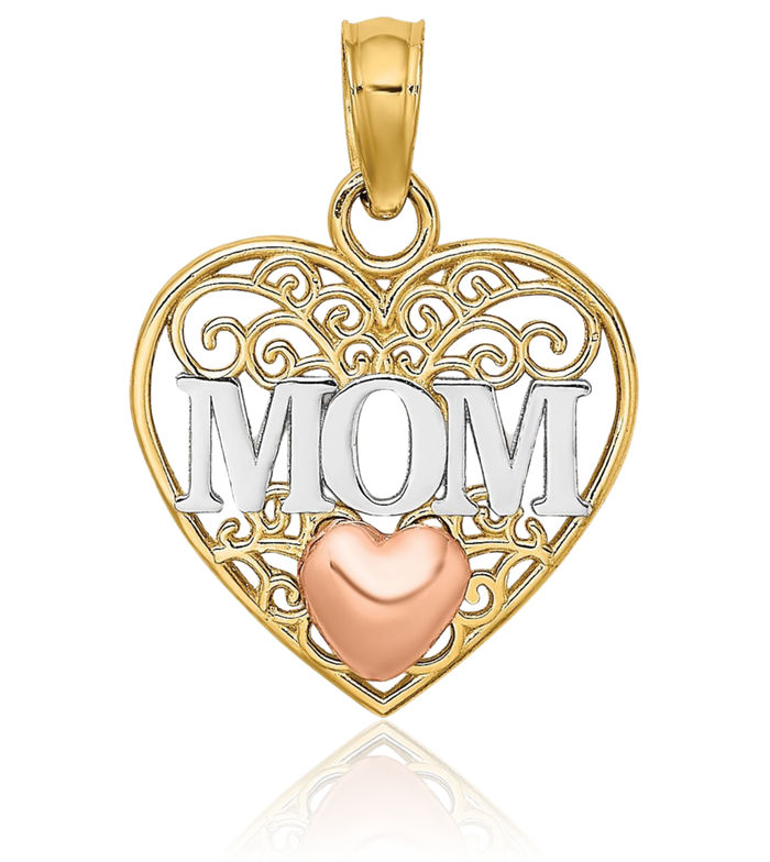 10K Solid Two Tone Gold White Mom Heart Necklace Mama Charm Mother Pendant