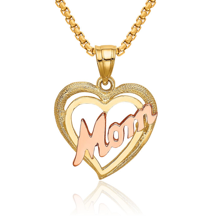 10K Solid Two Tone Gold Mom Heart Necklace Mama Charm Mother Pendant