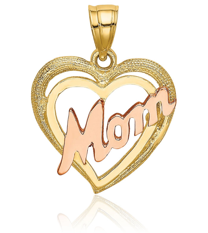 10K Solid Two Tone Gold Mom Heart Necklace Mama Charm Mother Pendant