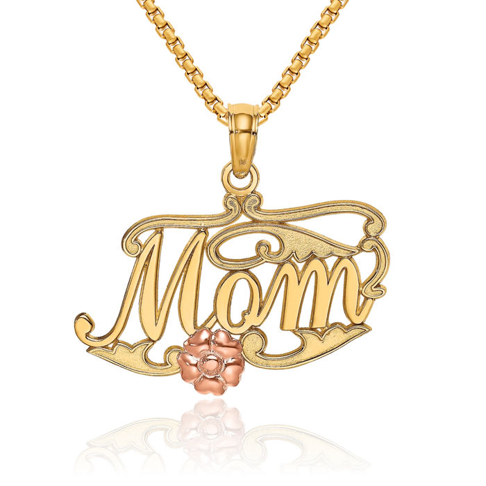 10K Solid Two Tone Gold Mom Rose Flower Necklace Mama Charm Mother Pendant