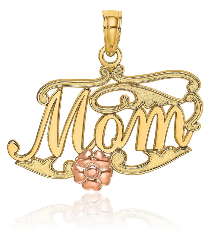 10K Solid Two Tone Gold Mom Rose Flower Necklace Mama Charm Mother Pendant