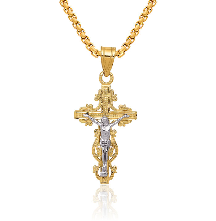 10K Solid Two Tone Gold Narrow Cross Lord Jesus Christ Crucifix Holy Necklace Religious Chain Pendant Charm