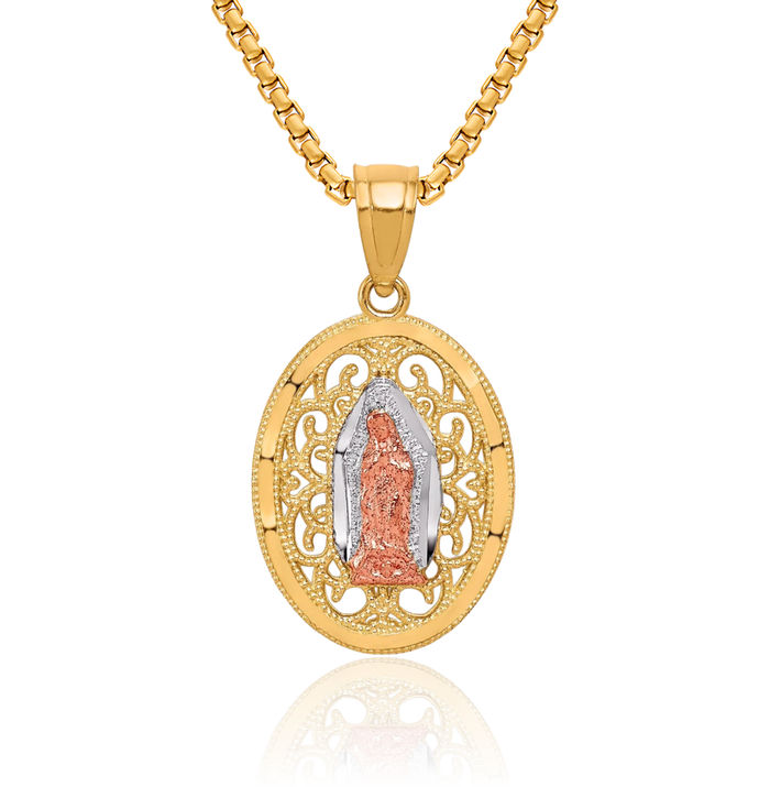 10K Solid Two Tone Gold White Our Lady of Guadalupe Virgin Mary Necklace Virgencita Maria Rosa Pendant Catholic Christian Holy Mother Medallion Charm