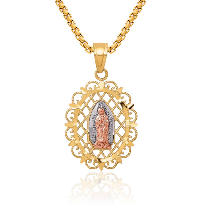 10K Solid Two Tone Gold White Our Lady of Guadalupe Virgin Mary Necklace Virgencita Maria Rosa Pendant Catholic Christian Holy Mother Medallion Charm