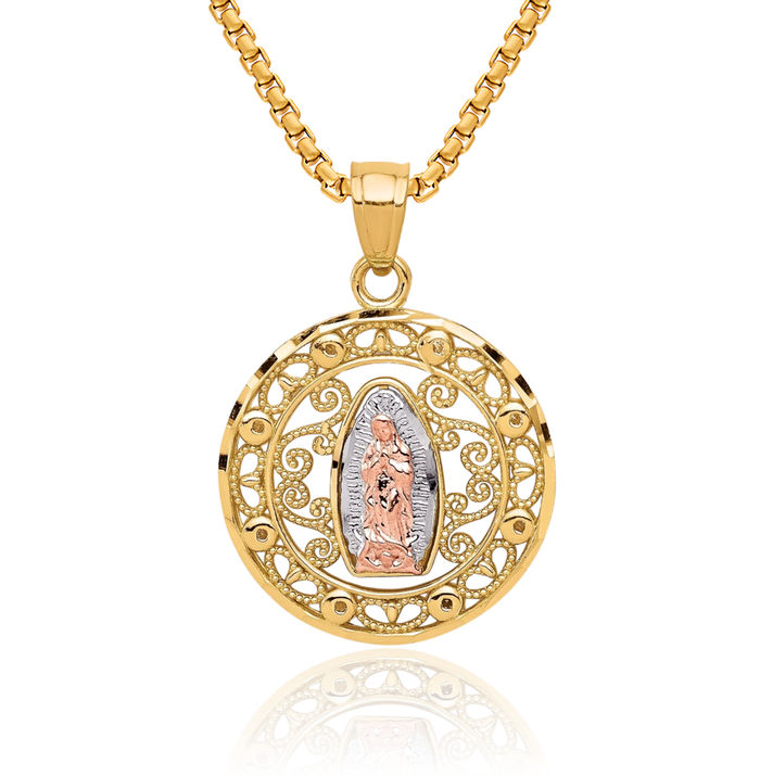 10K Solid Two Tone Gold White Our Lady of Guadalupe Virgin Mary Necklace Virgencita Maria Rosa Pendant Catholic Christian Holy Mother Medallion Charm