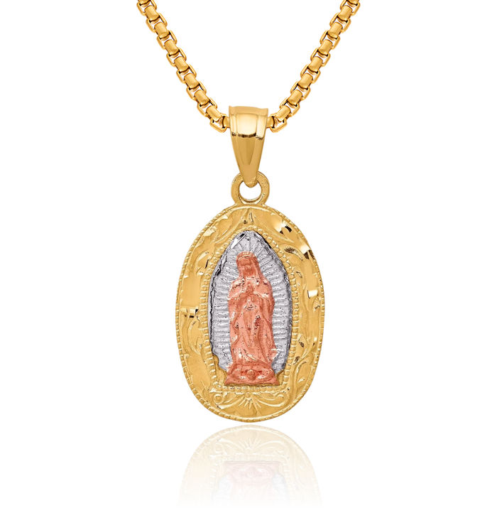 10K Solid Two Tone Gold White Our Lady of Guadalupe Virgin Mary Oval Necklace Virgencita Maria Rosa Pendant Catholic Christian Holy Mother Medallion Charm