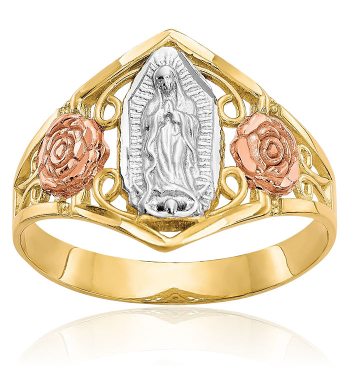 10K Solid Two Tone Gold Our Lady of Guadalupe Virgin Mary Virgencita Maria Rosa Catholic Christian Holy Mother Band