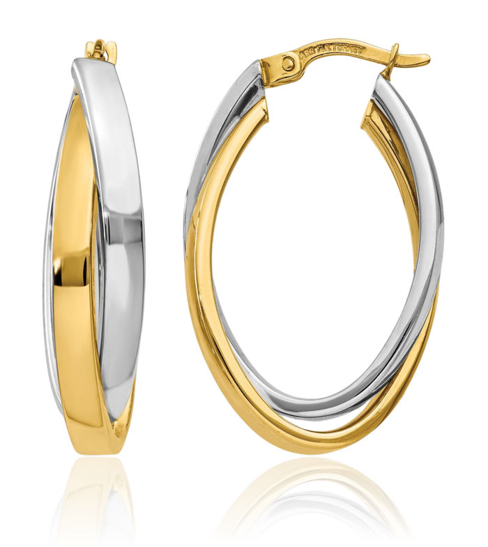 10K Solid Two Tone Gold Oval Medium Hoop Earrings