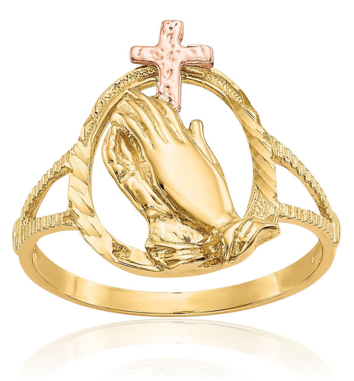 10K Solid Two Tone Gold Jesus Christ Praying Hands Lord Serenity Prayer Holy Cross Ring Christian Religious Band