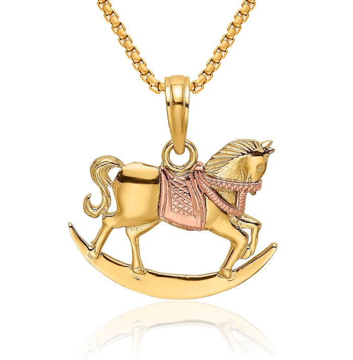 10K Solid Two Tone Gold Rocking Horse Head Saddle Necklace Animal Lover Pendant Equestrian Charm