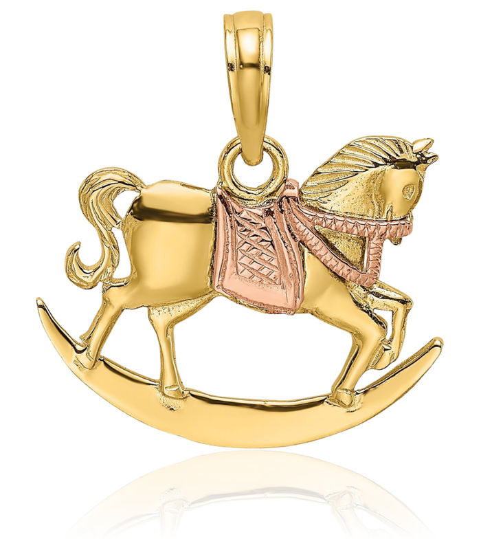 10K Solid Two Tone Gold Rocking Horse Head Saddle Necklace Animal Lover Pendant Equestrian Charm