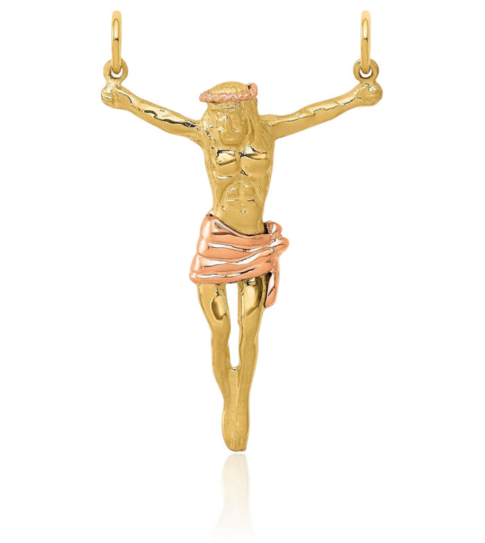 10K Solid Two Tone Gold Rose Corpus Jesus Christ Necklace Religious Chain Pendant Christian Faith Charm