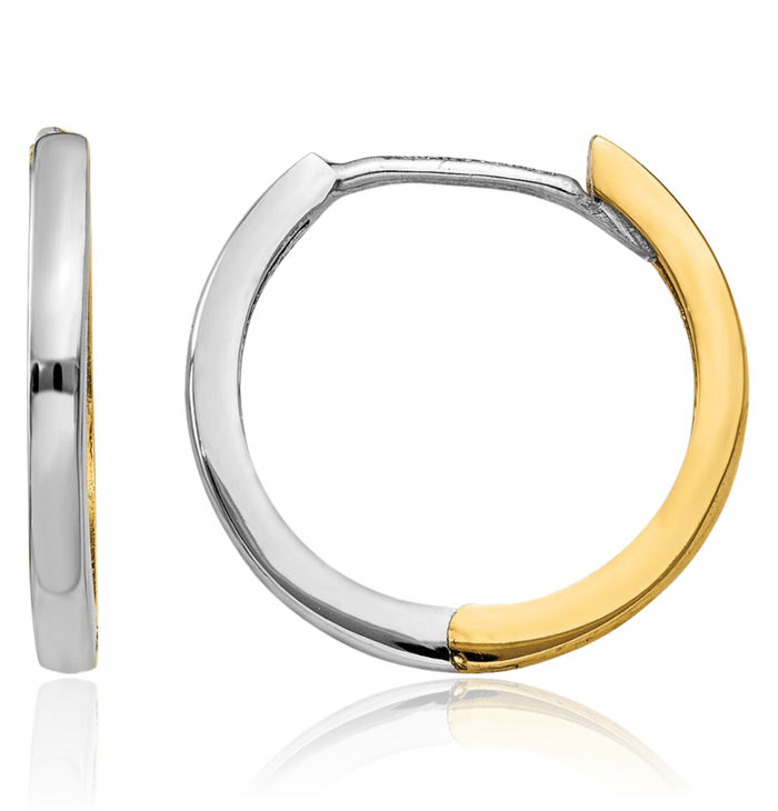 10K Solid Two Tone Gold Round Huggie Small Hoop Earrings