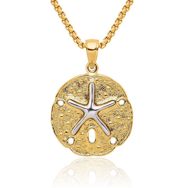 10K Solid Two Tone Gold Sand Dollar Sea Star Starfish Necklace Chain Pendant Charm