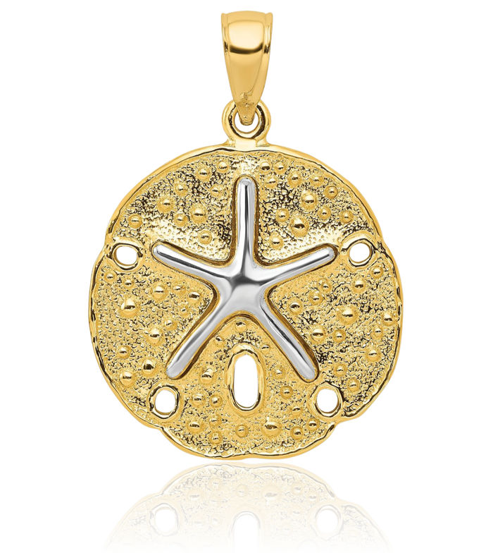 10K Solid Two Tone Gold Sand Dollar Sea Star Starfish Necklace Chain Pendant Charm