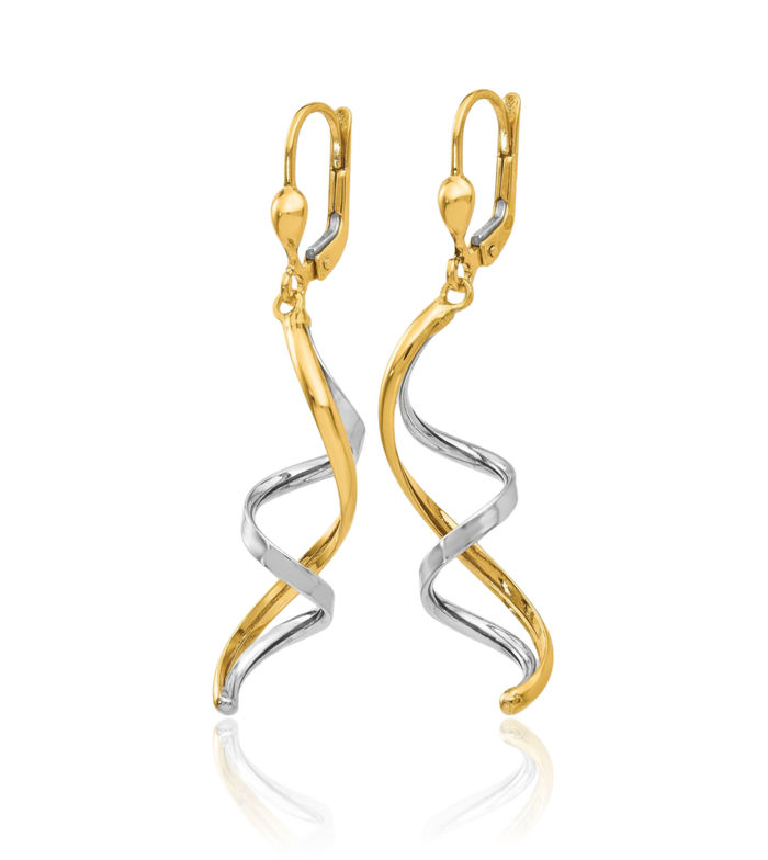 10K Solid Two Tone Gold Spiral Drop Dangle Earrings