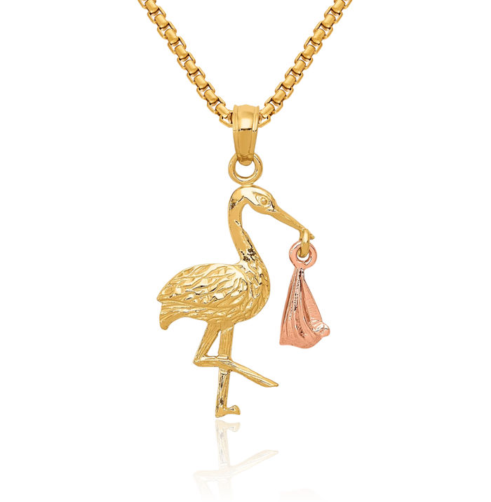 10K Solid Two Tone Gold Stork Dangling Necklace Chain Pendant Charm