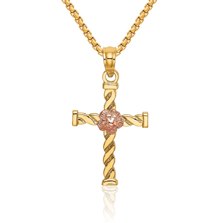 10K Solid Two Tone Gold Twisted Holy Cross Flower Necklace Religious Chain Pendant Jesus Christ Charm