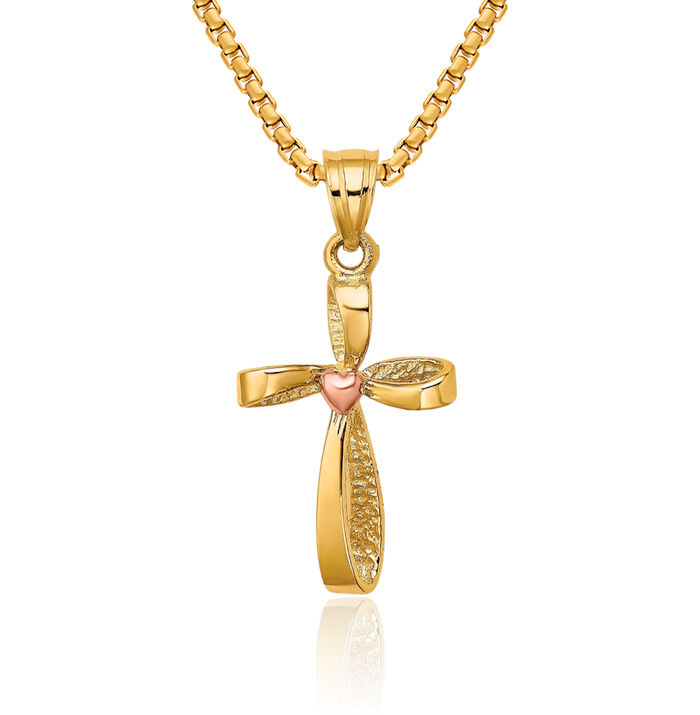 10K Solid Two Tone Gold Twisted Holy Cross Heart Necklace Religious Chain Pendant Jesus Christ Charm