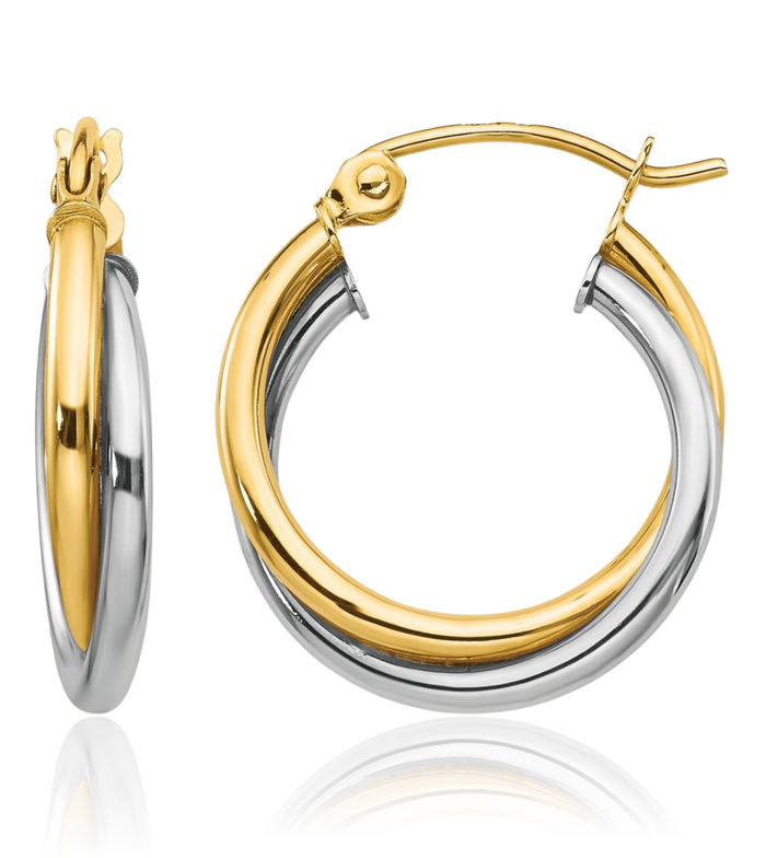 10K Solid Two Tone Gold Twisted Small Hoop Earrings