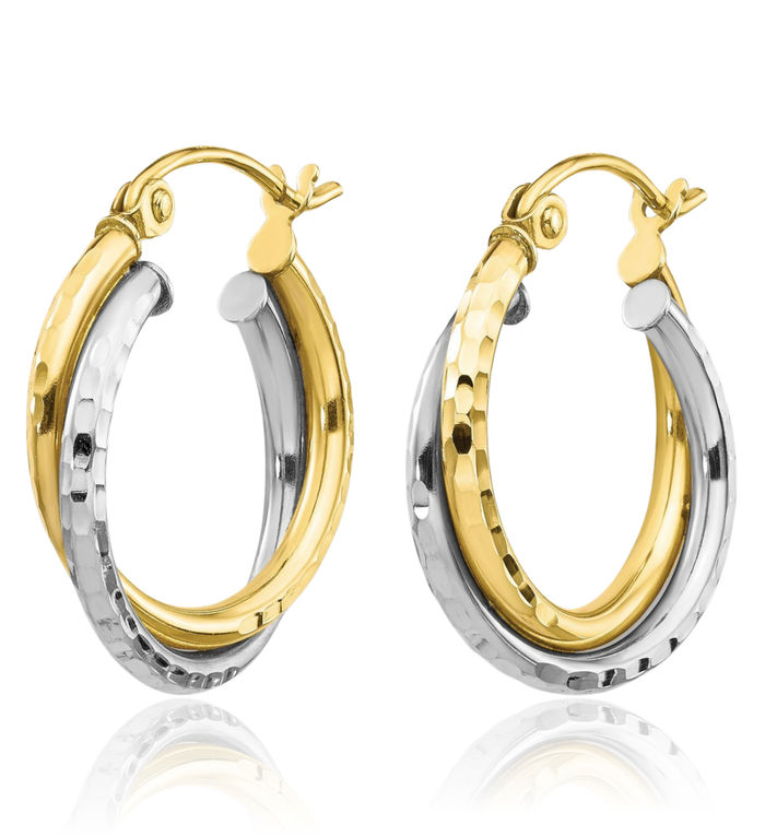 10K Solid Two Tone Gold Twisted Small Hoop Earrings