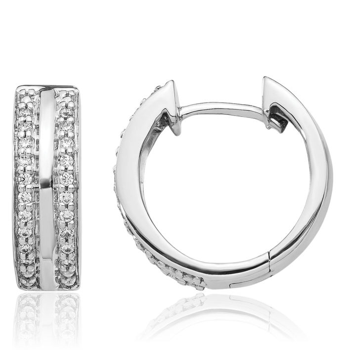 10K Solid White Gold 2 Row Diamond Round Huggie Small Hoop Earrings