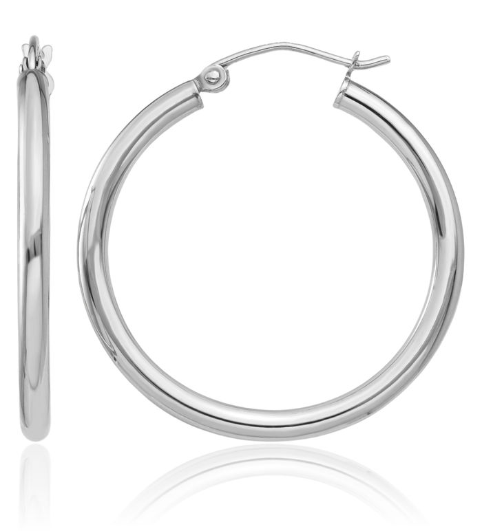 10K Solid White Gold 2.5mm Tube Round Medium Hoop Earrings