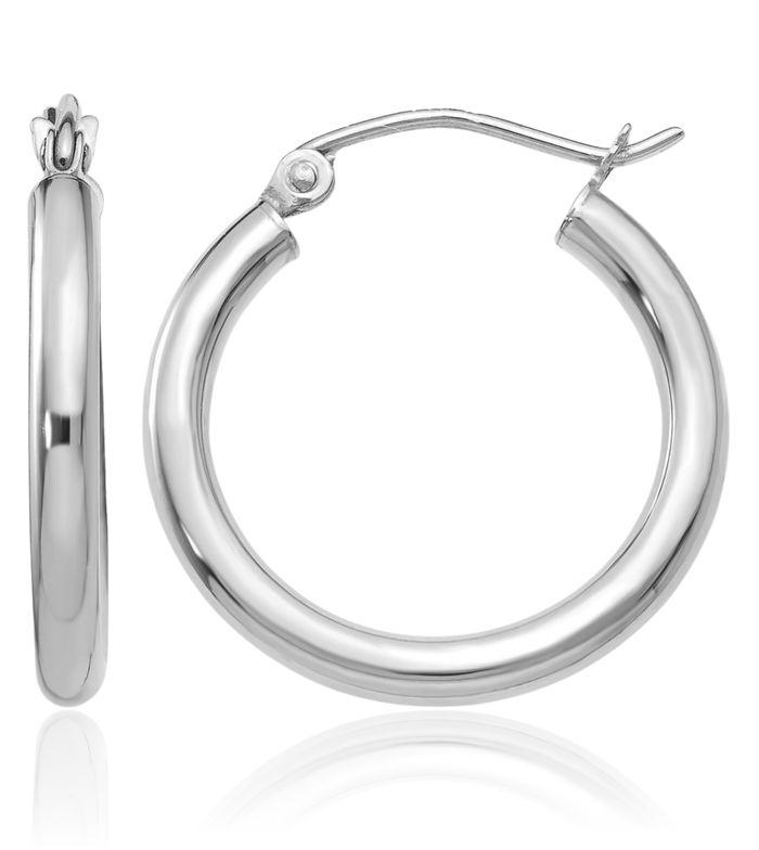 10K Solid White Gold 2.5mm Tube Round Medium Hoop Earrings