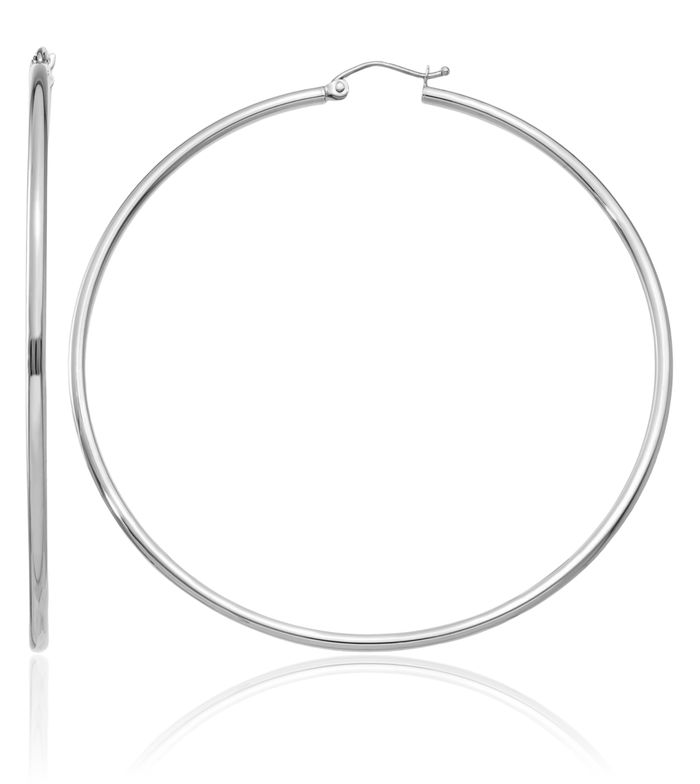 10K Solid White Gold 2mm Tube Round Extra Large Hoop Earrings