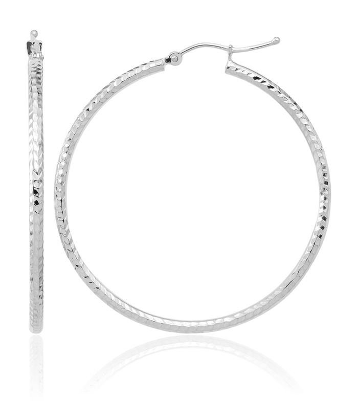 10K Solid White Gold 2mm Round Tube Large Hoop Earrings