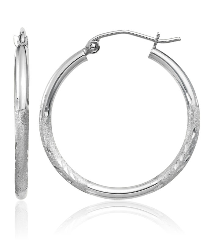 10K Solid White Gold 2mm Round Large Hoop Earrings