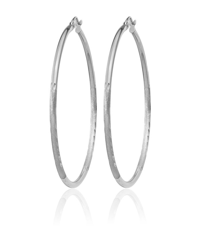 10K Solid White Gold 2mm Round Large Hoop Earrings