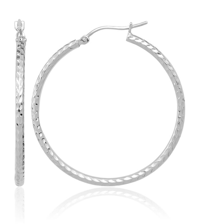 10K Solid White Gold 2mm Round Tube Medium Hoop Earrings