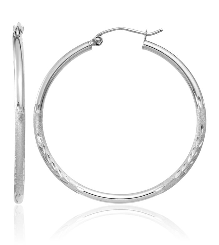 10K Solid White Gold 2mm Round Medium Hoop Earrings