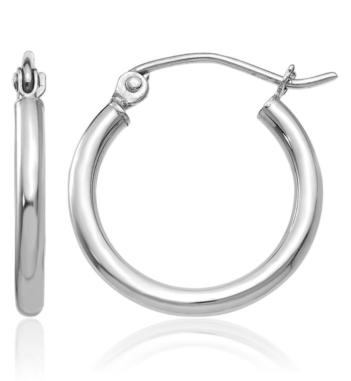 10K Solid White Gold 2mm Tube Round Small Hoop Earrings