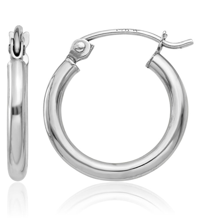 10K Solid White Gold 2mm Tube Round Small Hoop Earrings